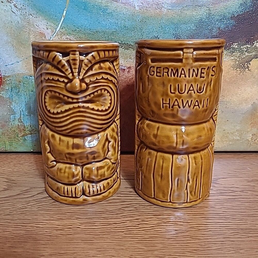 x2 Hawaiian Tiki Mug GERMAINE'S LUAU Hawaii Art God NICE Glaze 2010 6" Tall